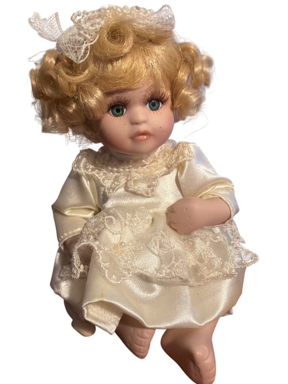 Vintage McField Porcelain Articulated Doll Blonde Green Eyes Curls Estate Stand